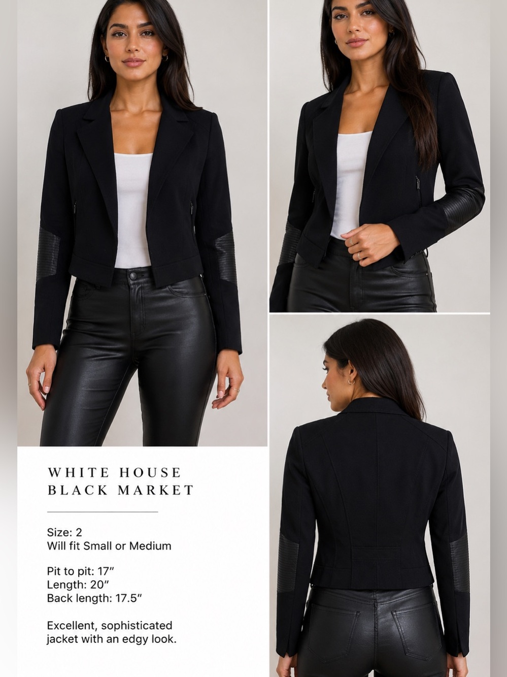 WHBM ribbed faux leather elbow patch moto military jacket size 2